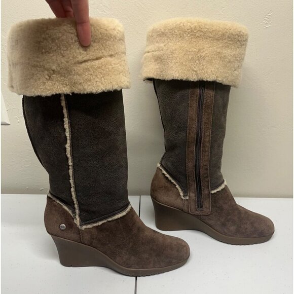 Ugg Womens 9 Tall Boots Wedge Brown Leather Shearling Fold Over 5451 Sandra - Picture 3 of 15